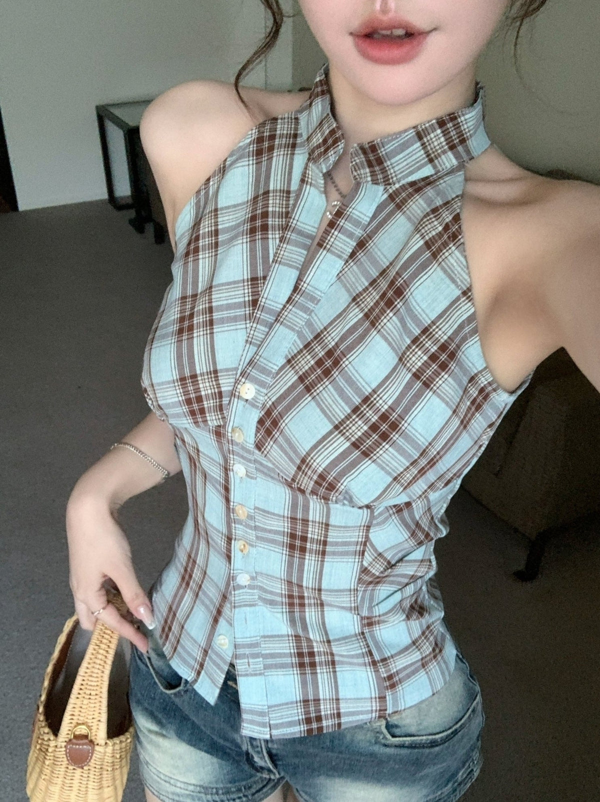 Blue Plaid Halter Button-Up Top
