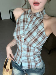 Blue Plaid Halter Button-Up Top