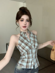Blue Plaid Halter Button-Up Top