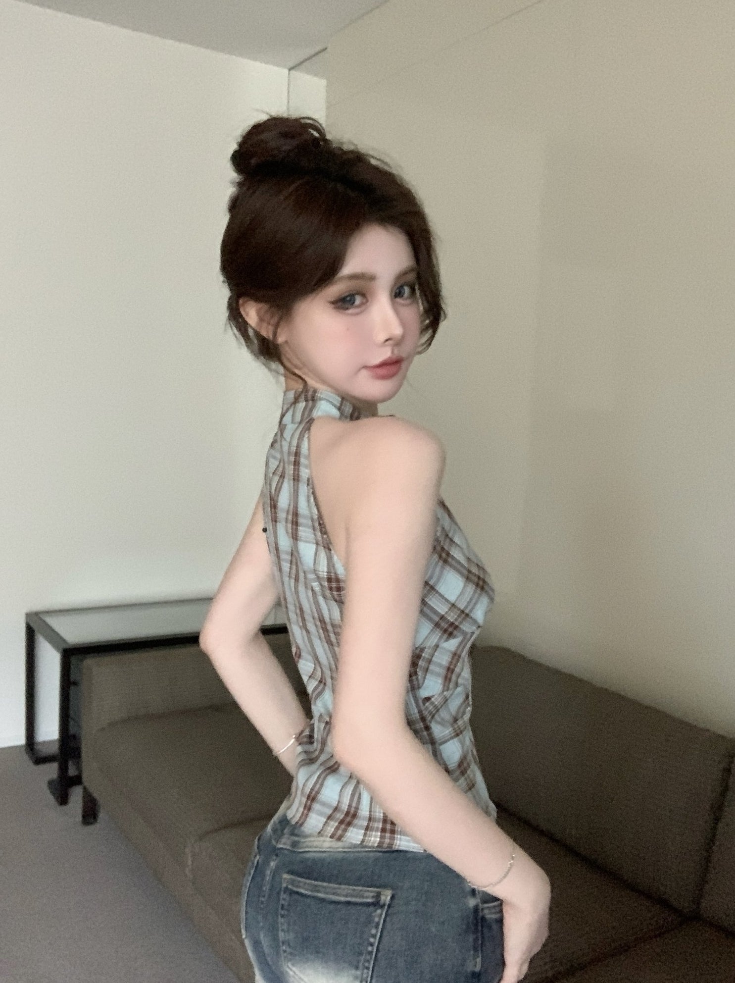 Blue Plaid Halter Button-Up Top