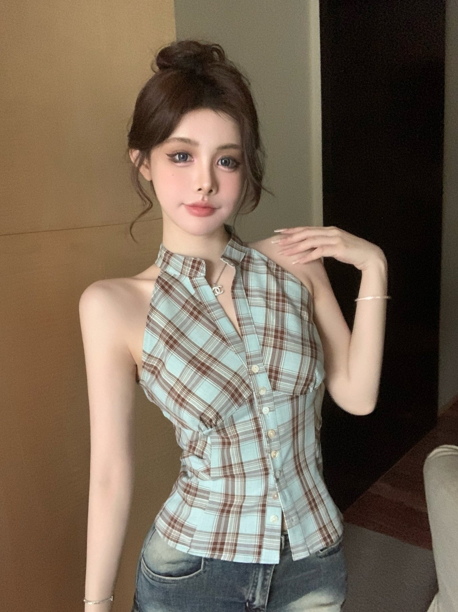 Blue Plaid Halter Button-Up Top