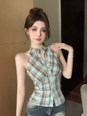 Blue Plaid Halter Button-Up Top