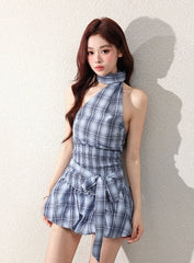 Blue Plaid High Neck Halter Top