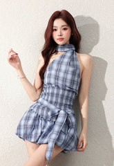 Blue Plaid High Neck Halter Top