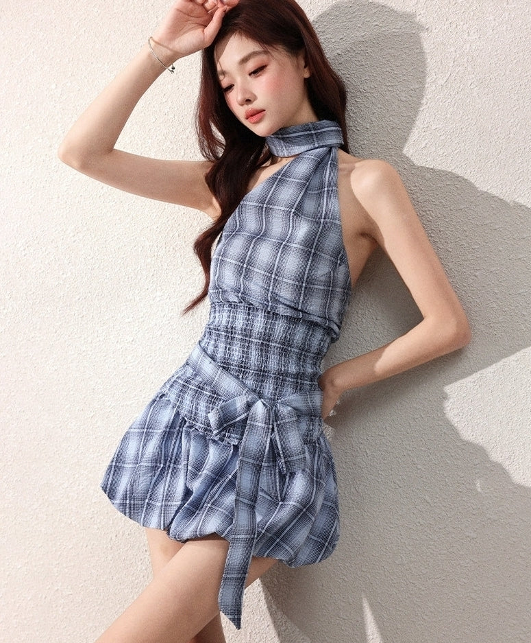 Blue Plaid High Neck Halter Top