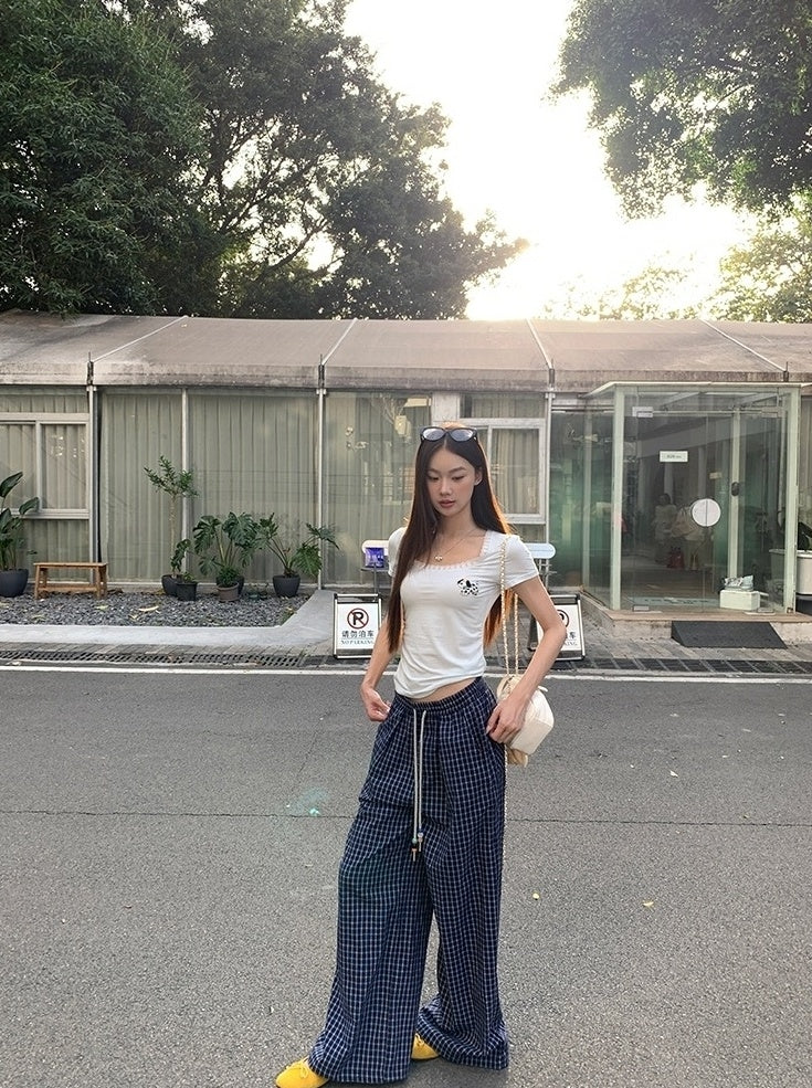 Blue Plaid Highwaist Relaxed Trousers