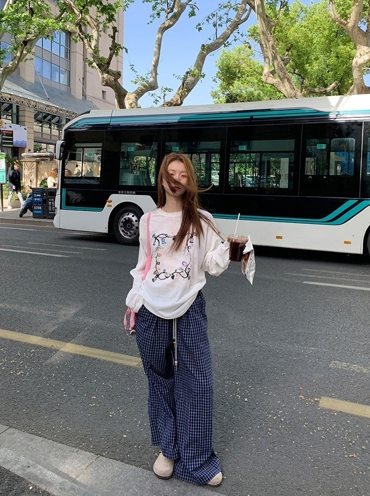 Blue Plaid Highwaist Relaxed Trousers
