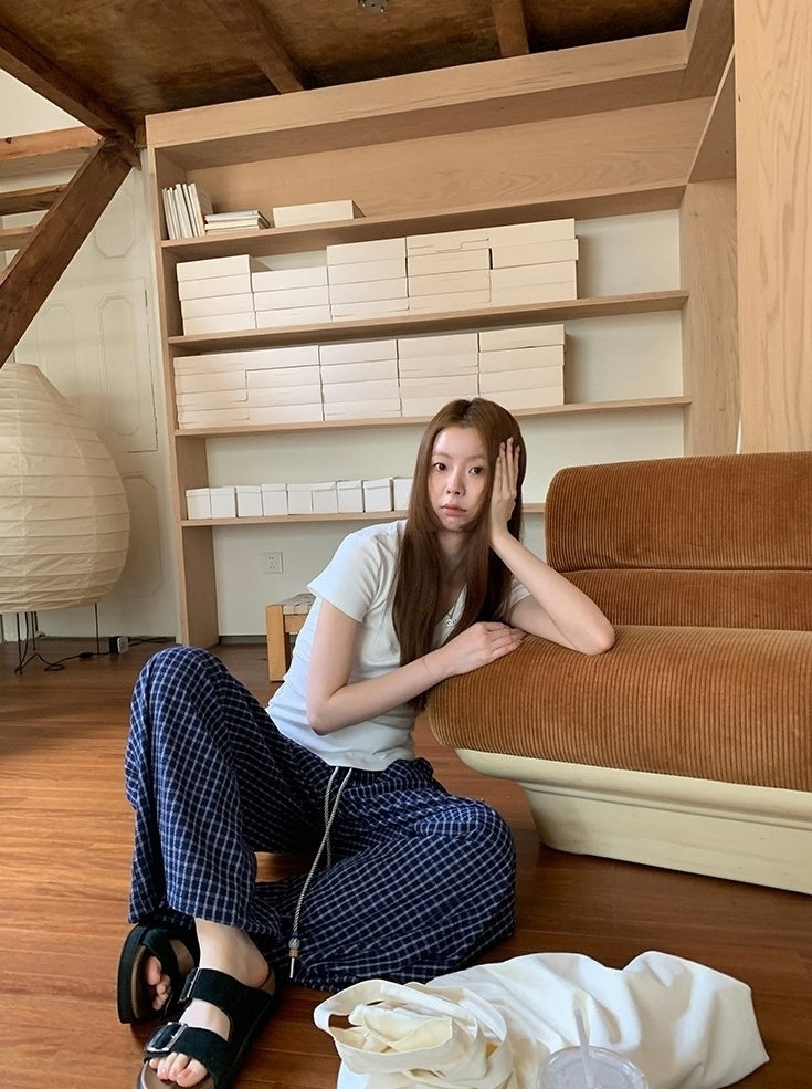 Blue Plaid Highwaist Relaxed Trousers