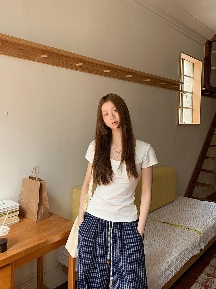Blue Plaid Highwaist Relaxed Trousers