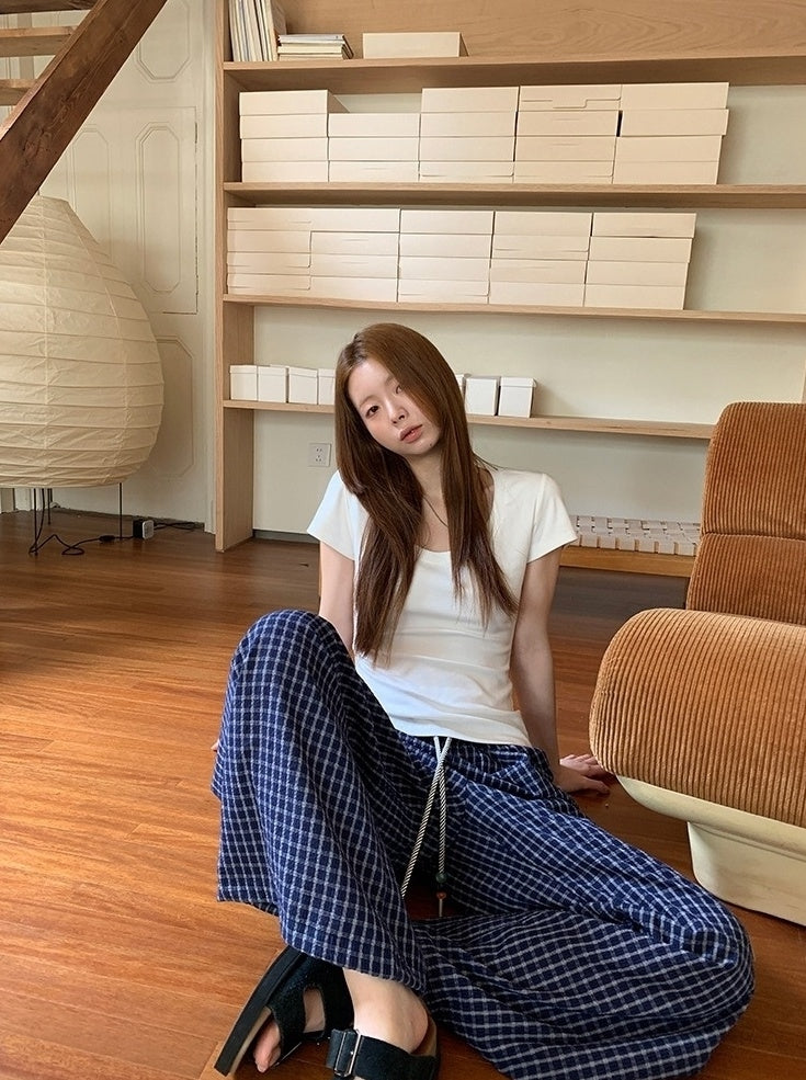 Blue Plaid Highwaist Relaxed Trousers