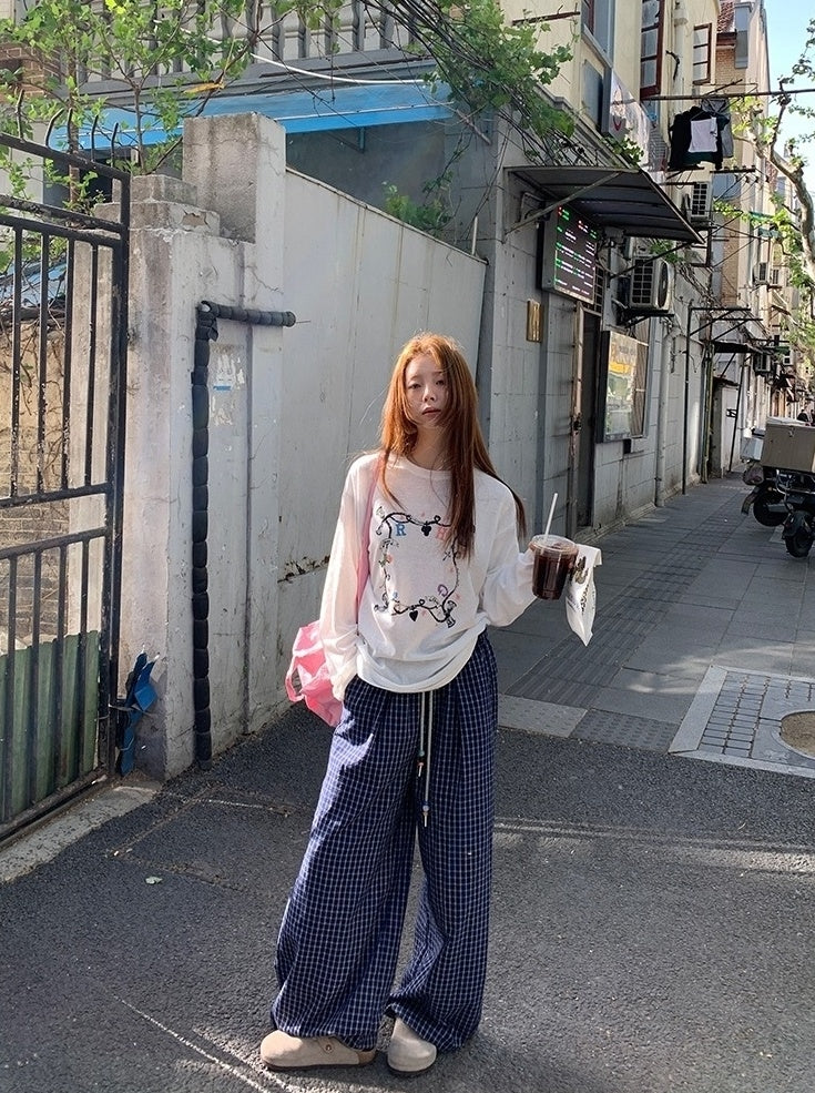 Blue Plaid Highwaist Relaxed Trousers