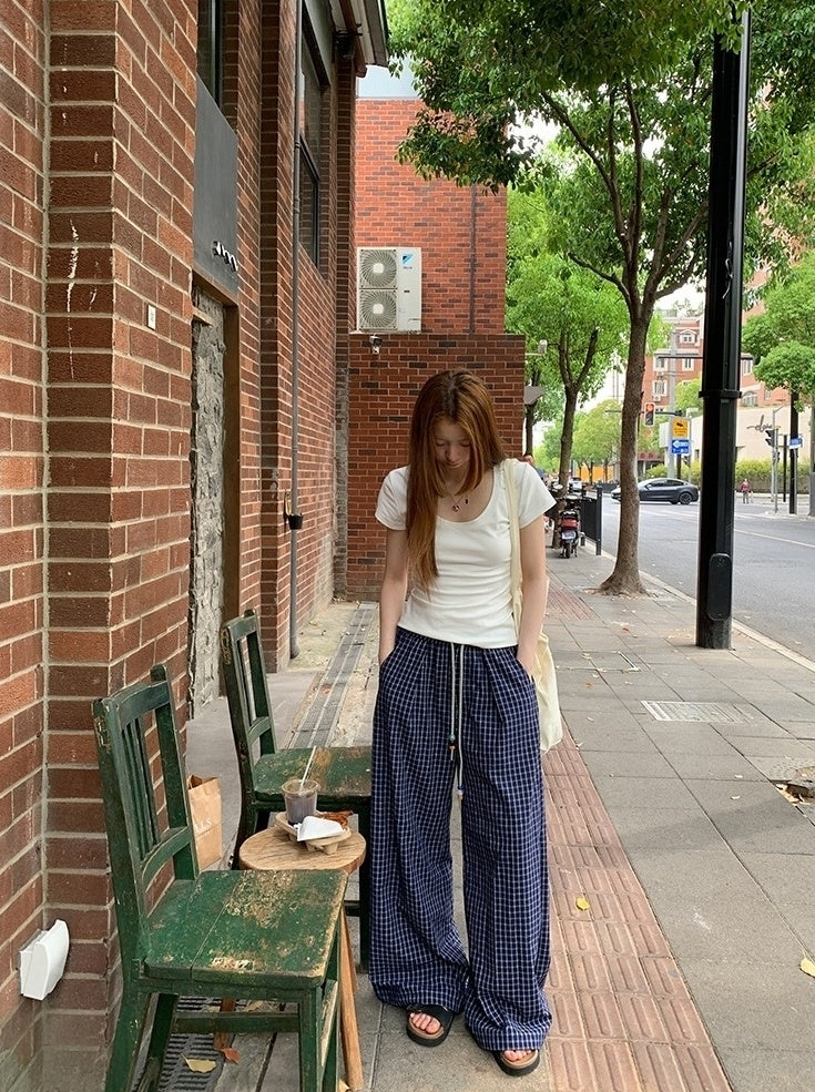 Blue Plaid Highwaist Relaxed Trousers