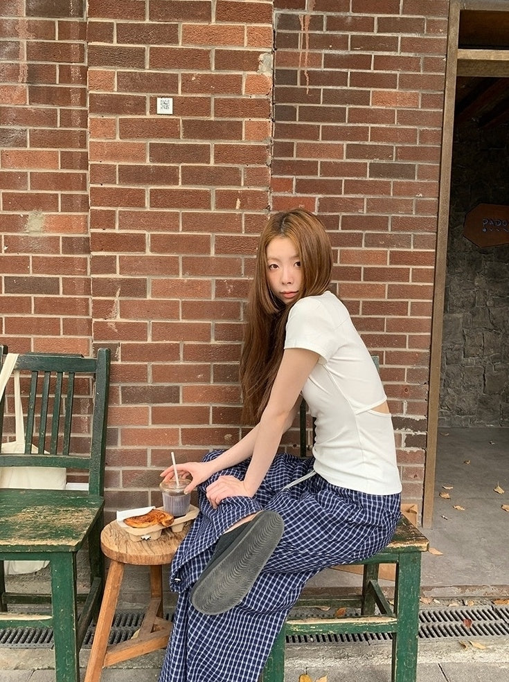 Blue Plaid Highwaist Relaxed Trousers
