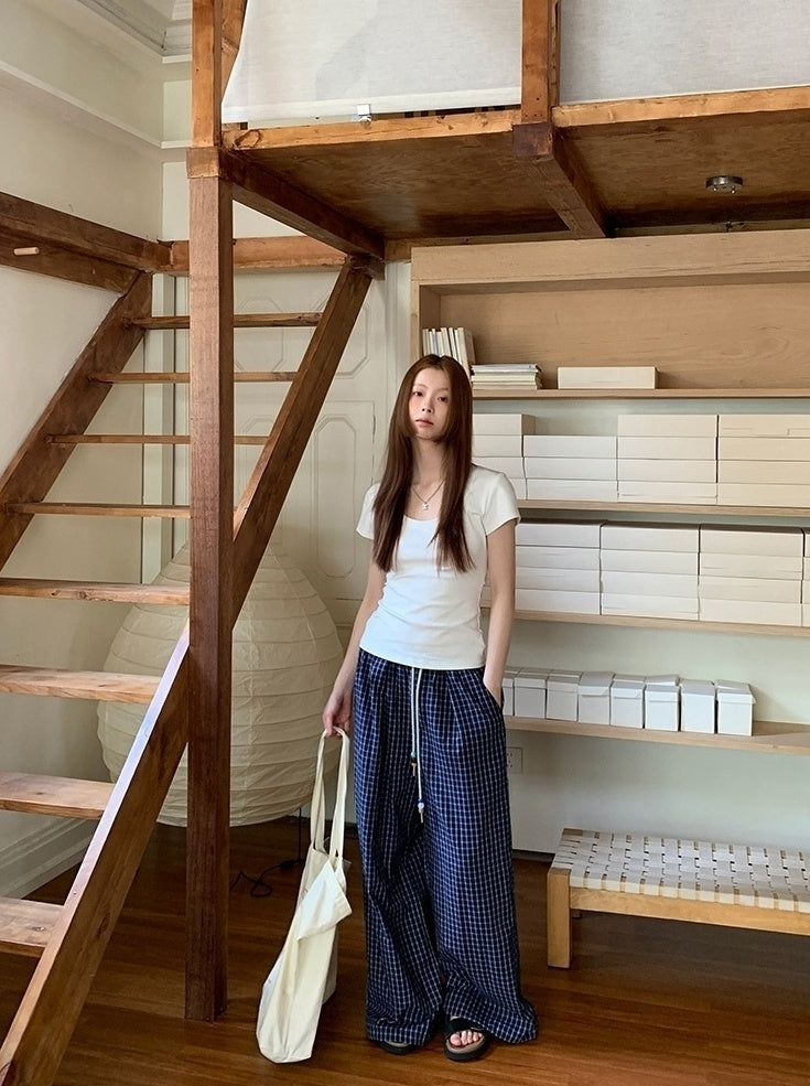 Blue Plaid Highwaist Relaxed Trousers