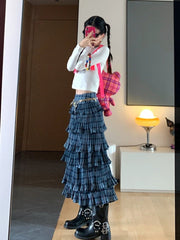 Blue Plaid Layered Midi Skirt