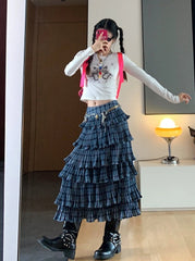 Blue Plaid Layered Midi Skirt