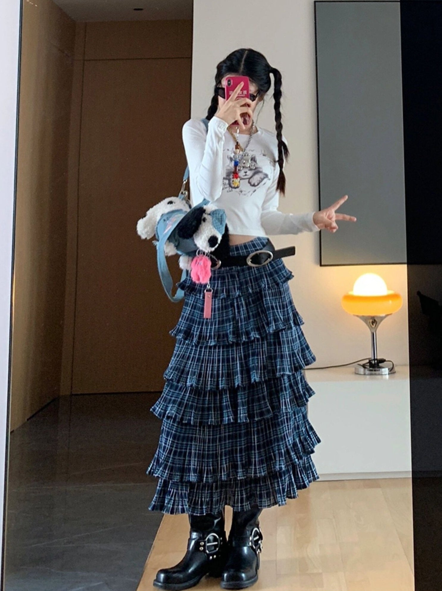Blue Plaid Layered Midi Skirt