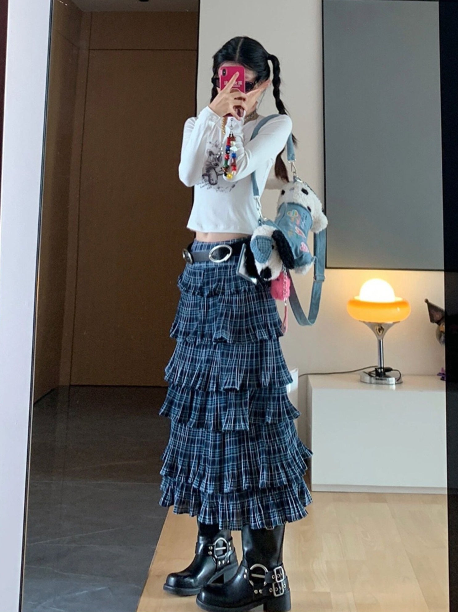 Blue Plaid Layered Midi Skirt
