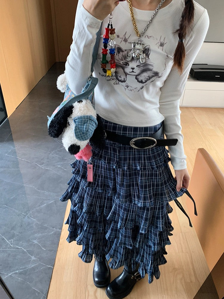 Blue Plaid Layered Midi Skirt