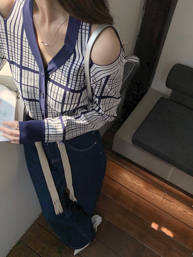 Blue Plaid Off-Shoulder Cardigan