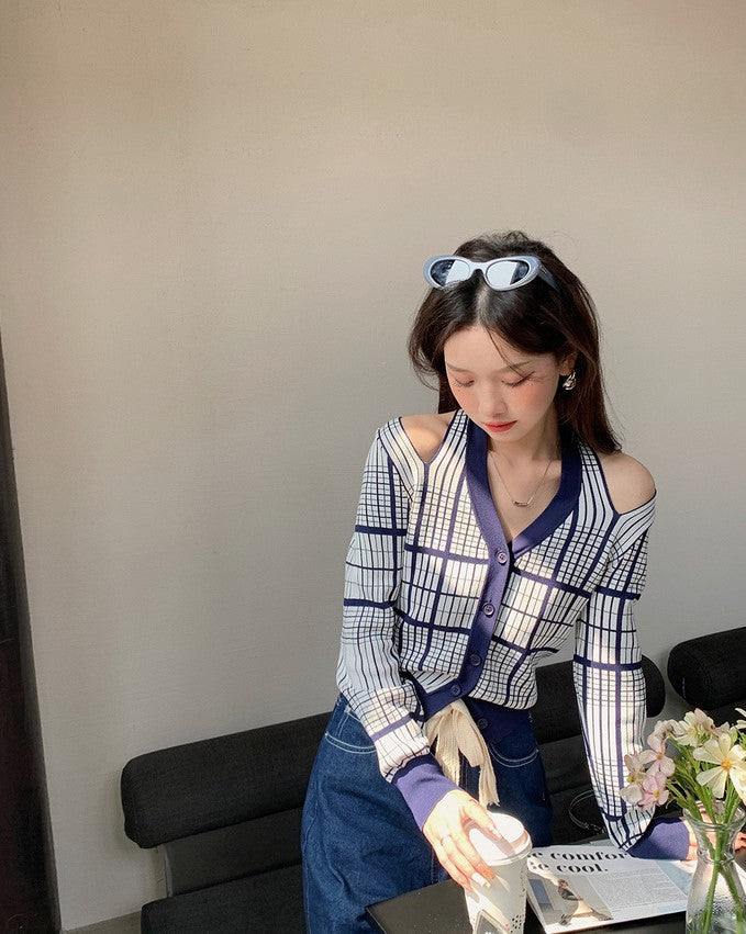 Blue Plaid Off-Shoulder Cardigan