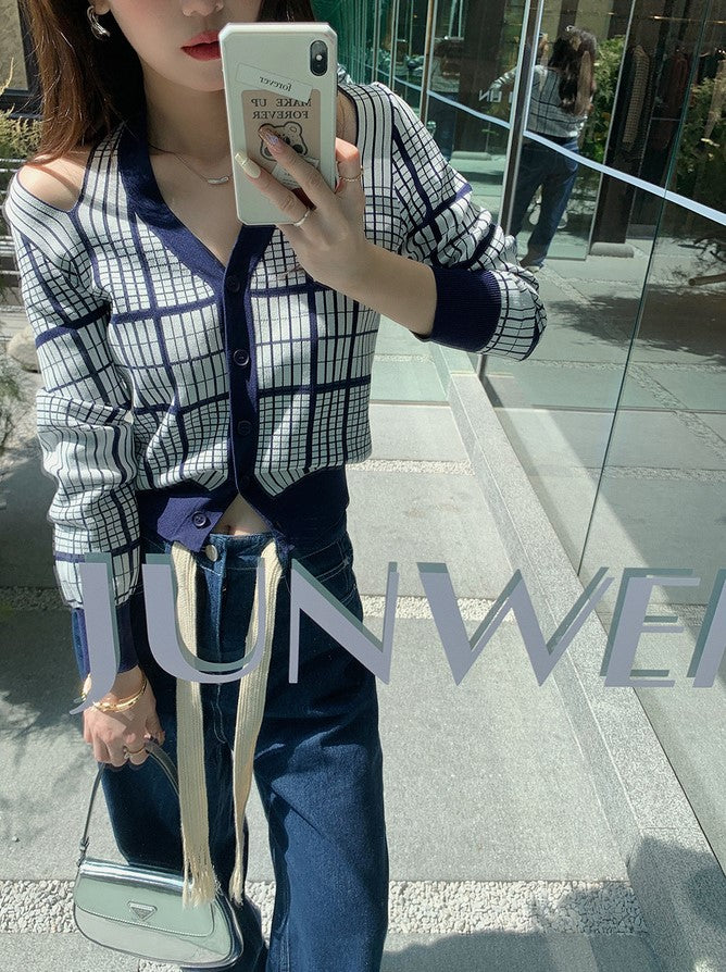 Blue Plaid Off-Shoulder Cardigan