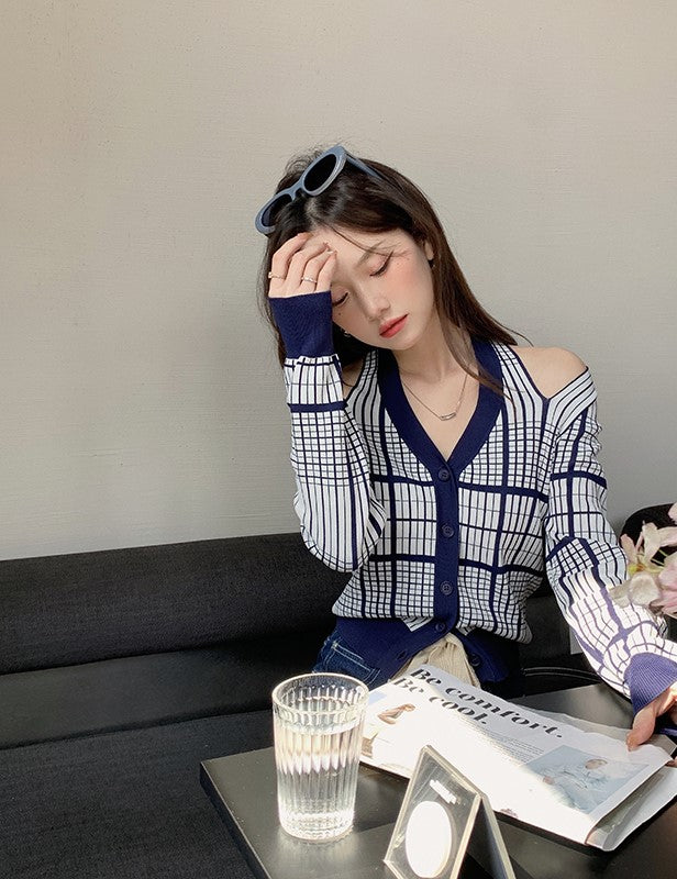 Blue Plaid Off-Shoulder Cardigan