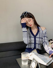 Blue Plaid Off-Shoulder Cardigan