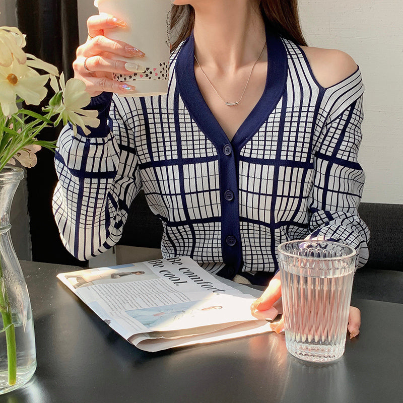 Blue Plaid Off-Shoulder Cardigan