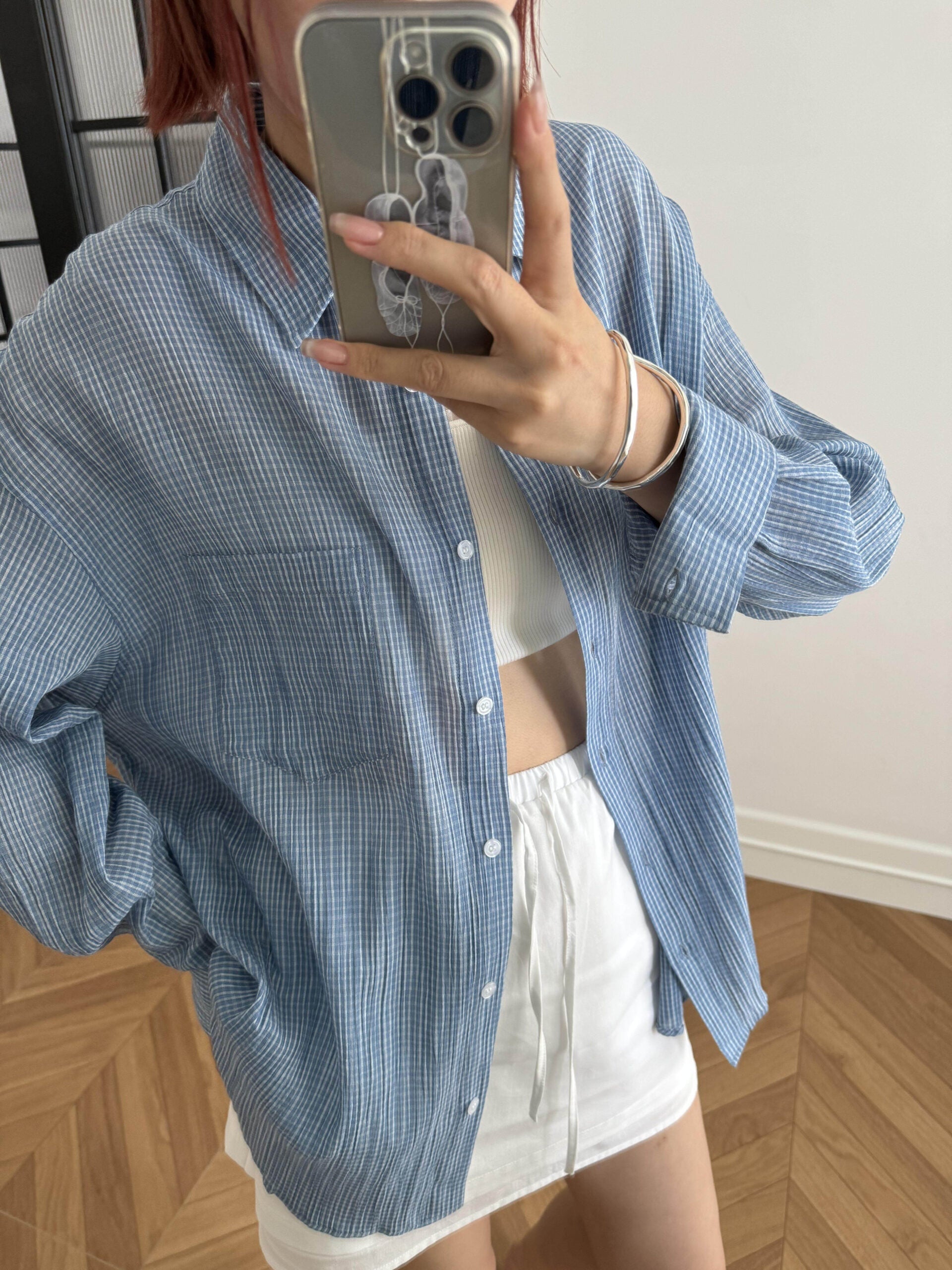 Blue Plaid Oversized Long Sleeves Shirt