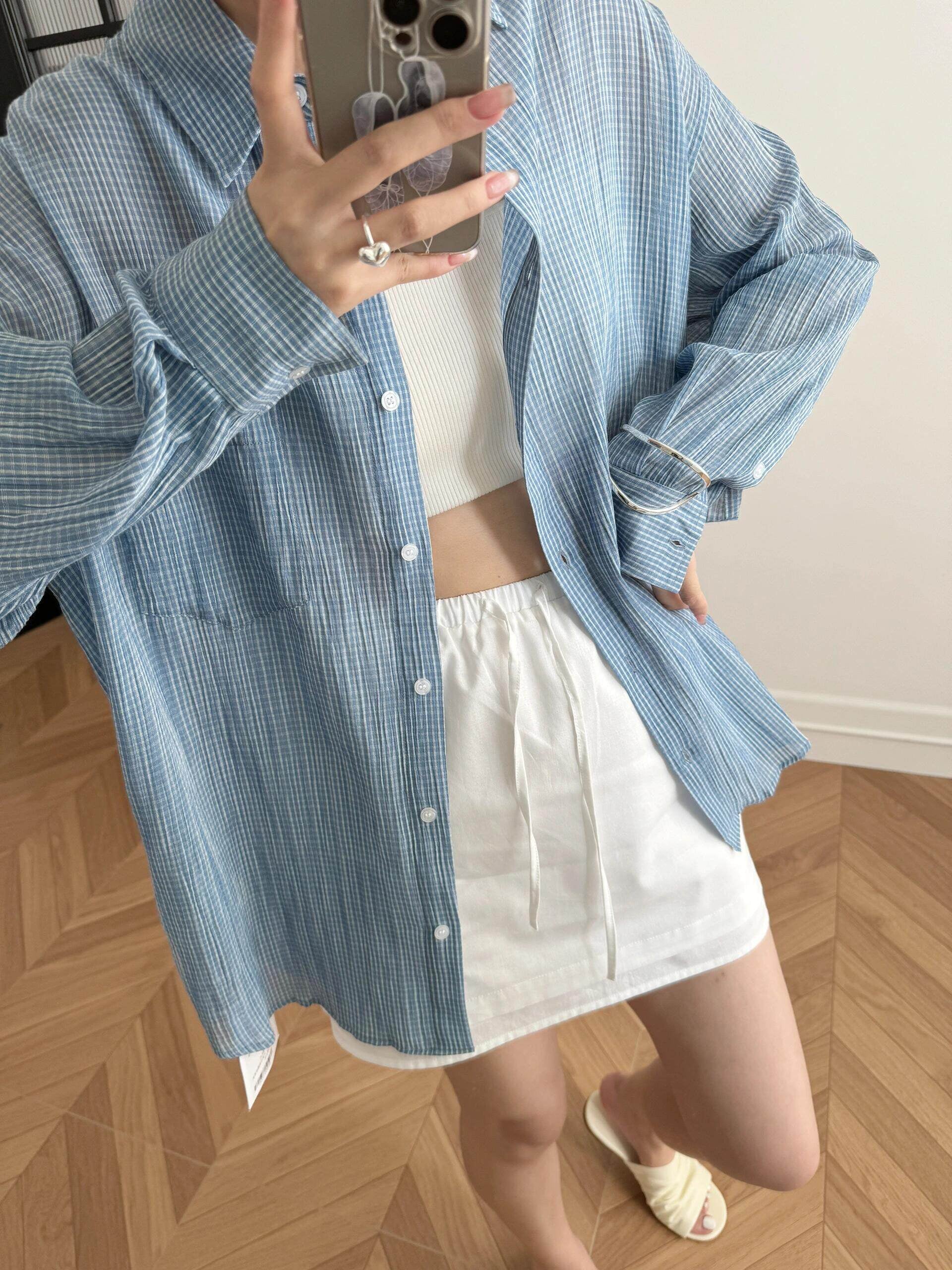 Blue Plaid Oversized Long Sleeves Shirt
