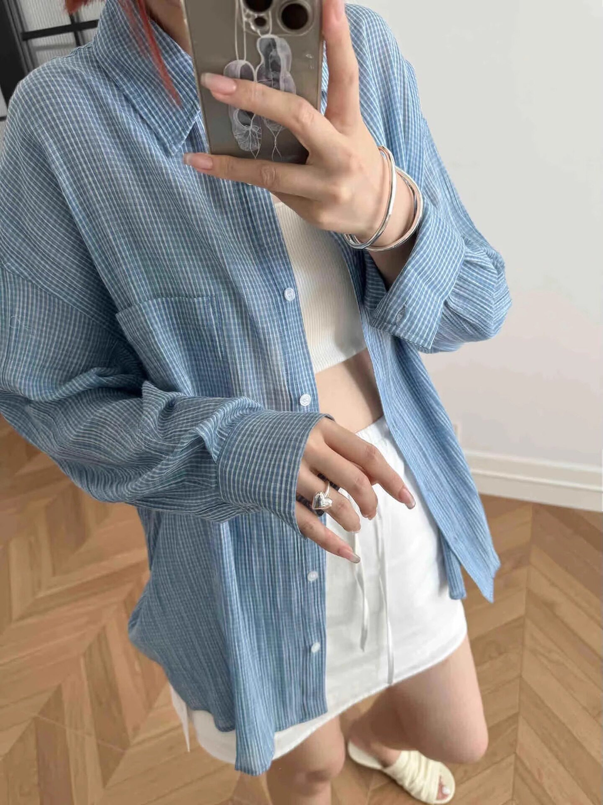 Blue Plaid Oversized Long Sleeves Shirt