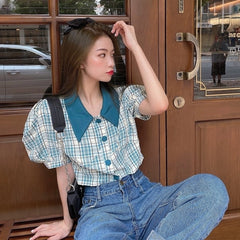Blue Plaid Puff Sleeve Collared Top