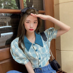Blue Plaid Puff Sleeve Collared Top