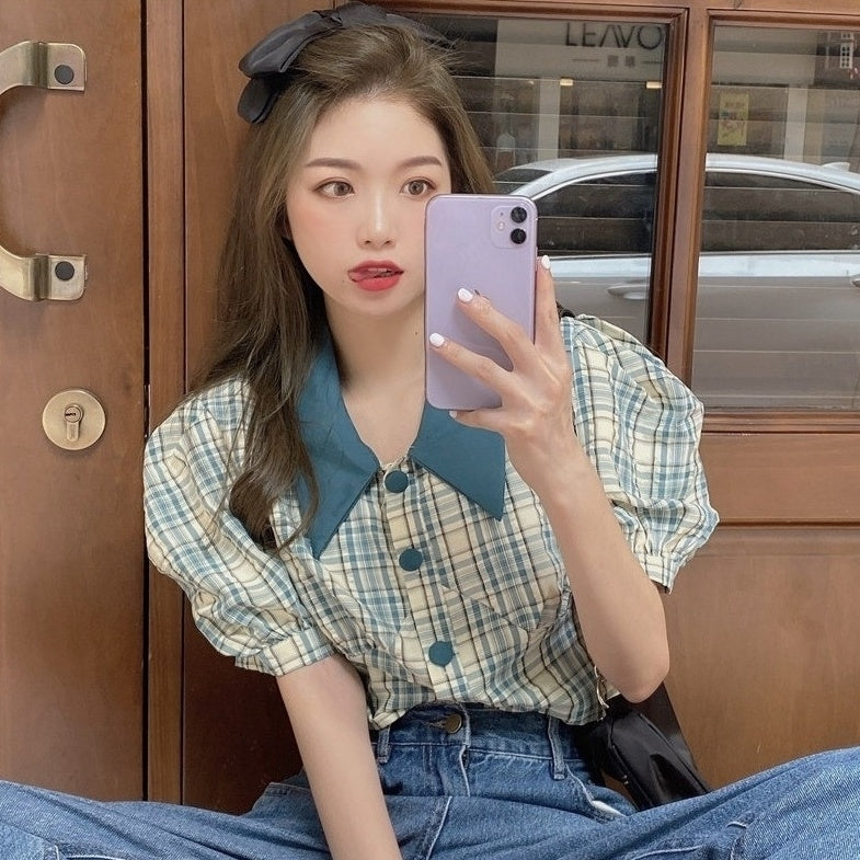 Blue Plaid Puff Sleeve Collared Top