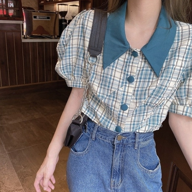 Blue Plaid Puff Sleeve Collared Top