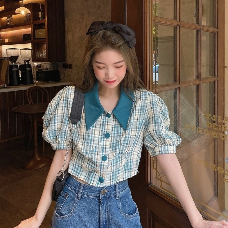Blue Plaid Puff Sleeve Collared Top