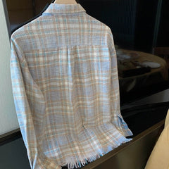 Blue Plaid Raw Hem Woolen Shirt