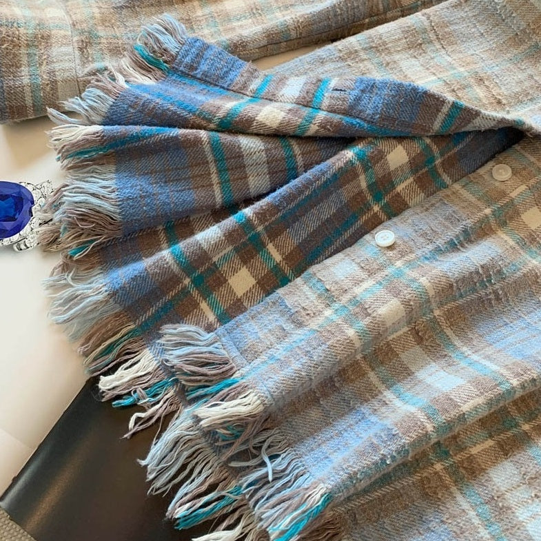 Blue Plaid Raw Hem Woolen Shirt