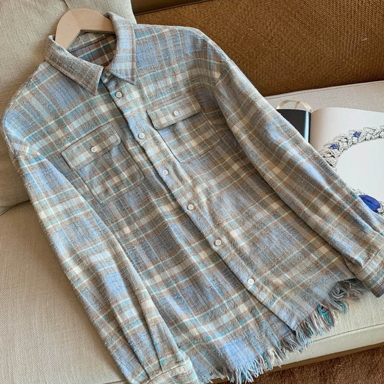 Blue Plaid Raw Hem Woolen Shirt
