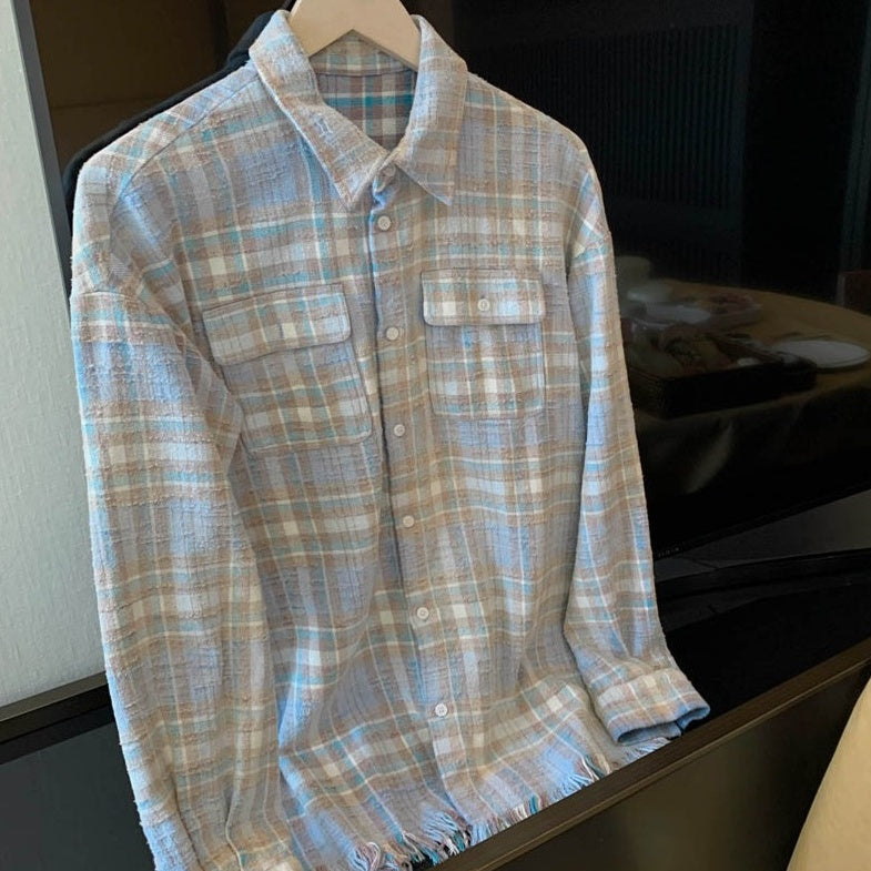 Blue Plaid Raw Hem Woolen Shirt