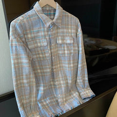 Blue Plaid Raw Hem Woolen Shirt