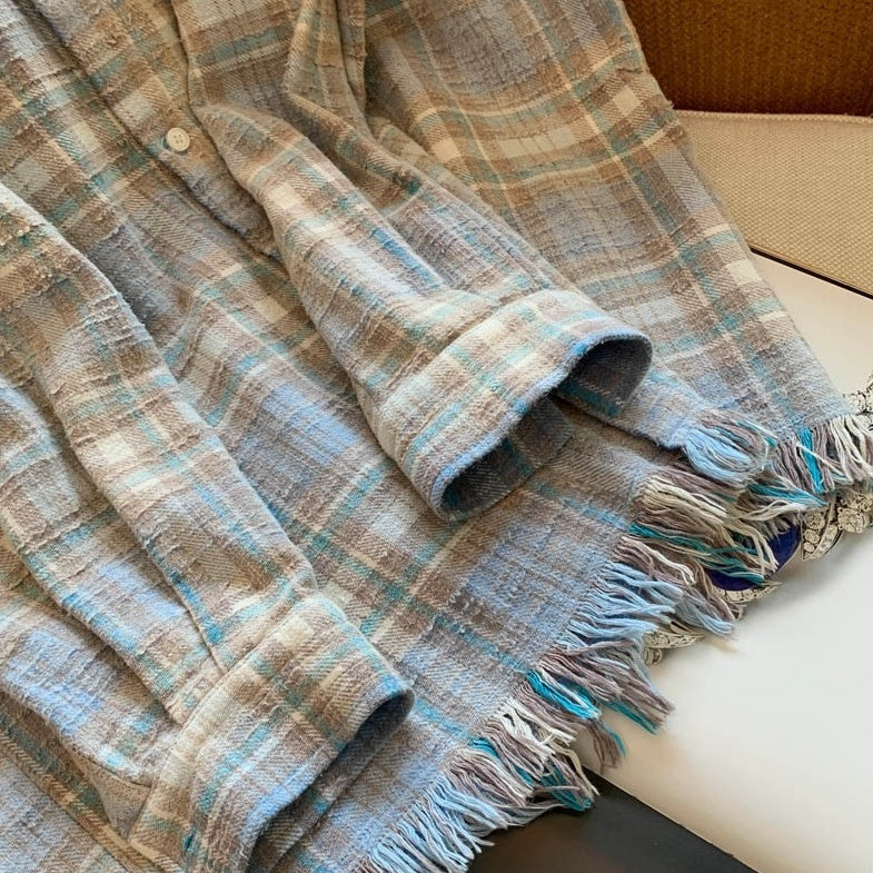 Blue Plaid Raw Hem Woolen Shirt