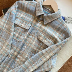 Blue Plaid Raw Hem Woolen Shirt