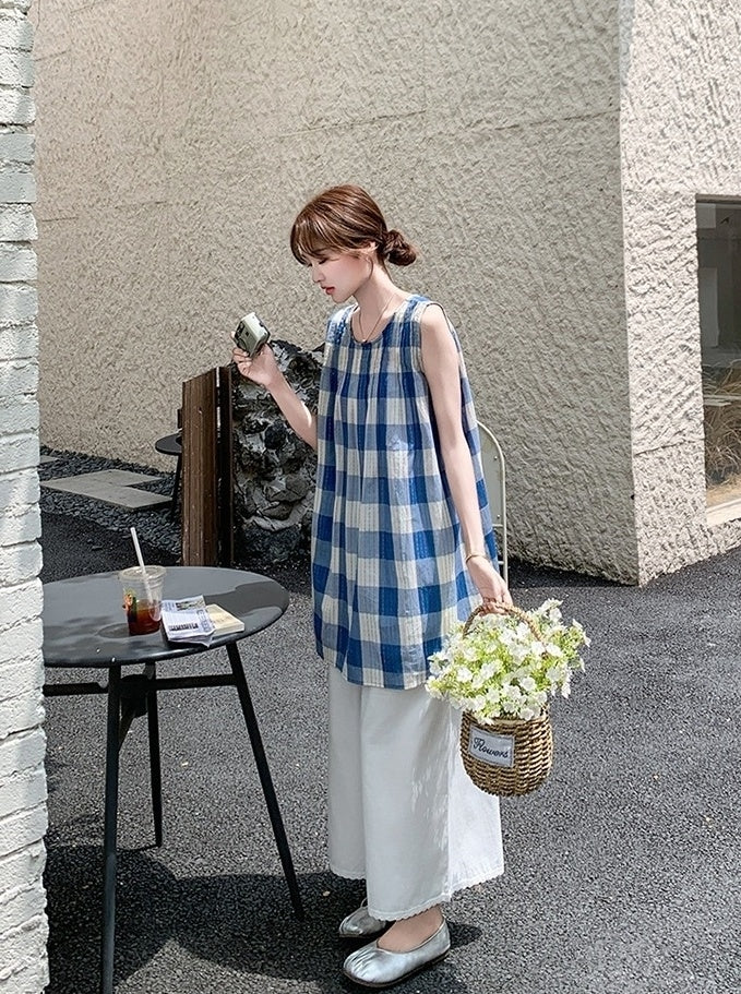 Blue Plaid Sleeveless Top And Wide Leg Pants Set