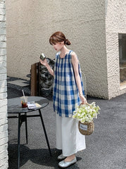 Blue Plaid Sleeveless Top And Wide Leg Pants Set