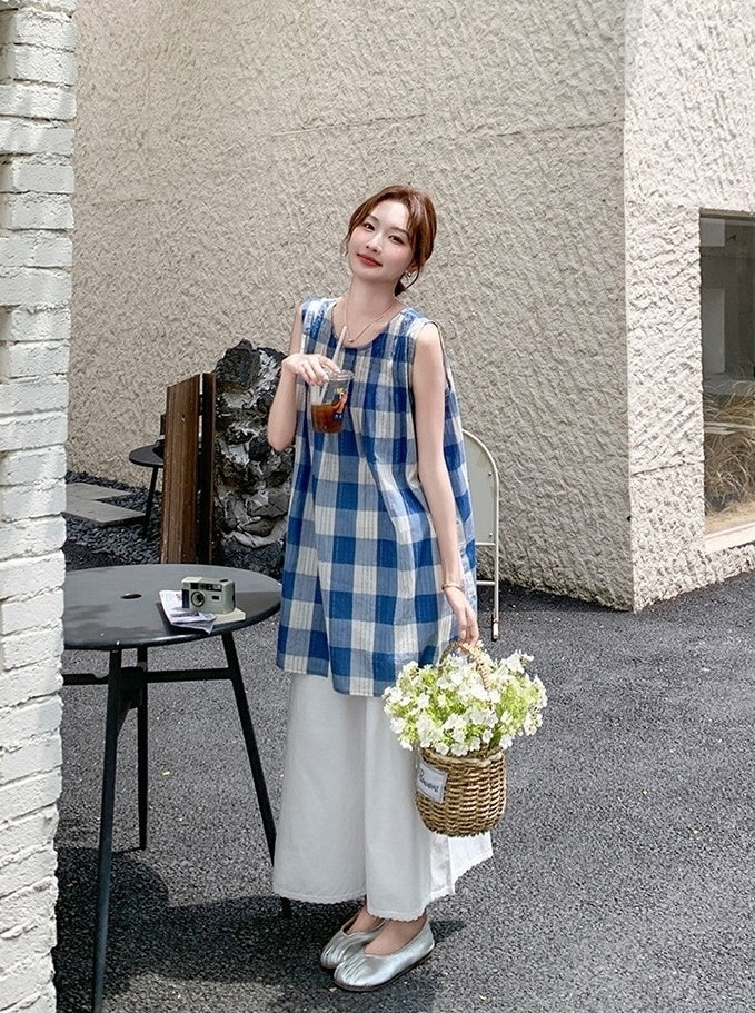Blue Plaid Sleeveless Top And Wide Leg Pants Set