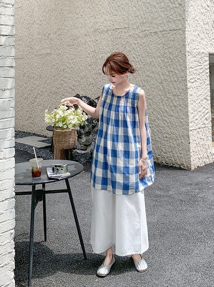 Blue Plaid Sleeveless Top And Wide Leg Pants Set