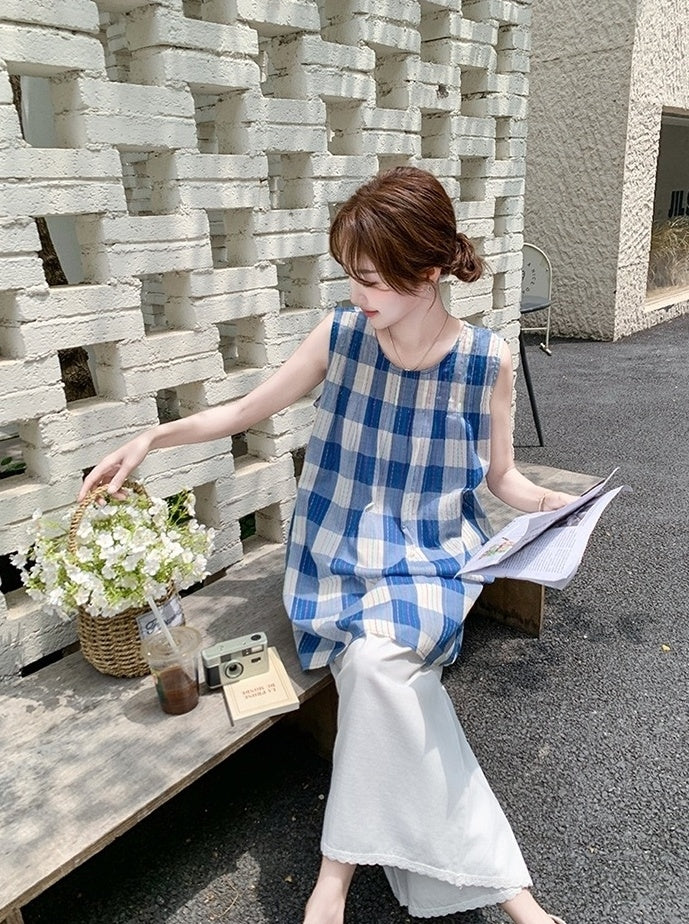 Blue Plaid Sleeveless Top And Wide Leg Pants Set