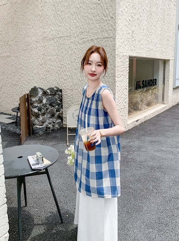 Blue Plaid Sleeveless Top And Wide Leg Pants Set